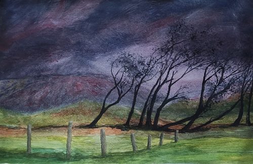CD, Stormy weather, trees in Cumbria, watercolour.